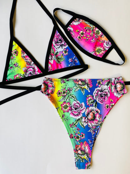 RAINBOW FLOWER | Triangle Top + High Waist High Cut Bottoms + Mask, Women's Festival Outfit, Rave Set