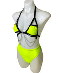 YELLOW BASIC B*TCH | Cage Top + High Waist High Cut Bottoms + Face Mask + Gloves, Women's Festival Outfit, Rave Set