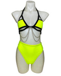 YELLOW BASIC B*TCH | Cage Top + High Waist High Cut Bottoms + Face Mask + Gloves, Women's Festival Outfit, Rave Set