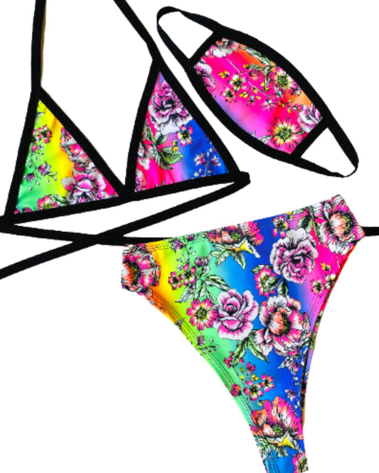 RAINBOW FLOWER | Triangle Top + High Waist High Cut Bottoms + Mask, Women's Festival Outfit, Rave Set