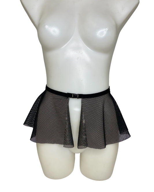 BLACK DARK STARR | Black Fishnet Ultra Mini Buckle Skirt, Rave Skirt, Festival Bottom