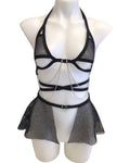 BLACK DARK STARR | Chain Cage Top + Black Fishnet Ultra Mini Buckle Skirt, Women's Festival Outfit, Rave Set