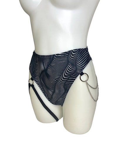 ILLUSIONS | High Waisted High Cut Chain Bottoms with Leg Wrap, Festival Bottoms, Rave Bottoms, Black Rave Outfit