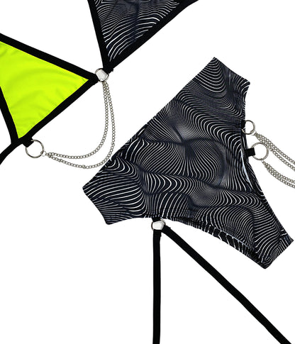 ILLUSIONS | High Waisted High Cut Chain Bottoms with Leg Wrap, Festival Bottoms, Rave Bottoms, Black Rave Outfit