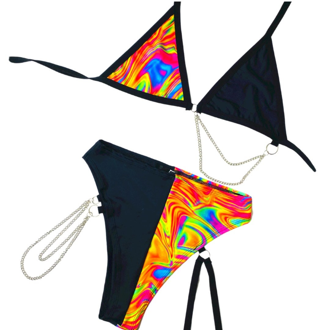 ALL THE GLOW | Mismatch Triangle Chain Top + High Waisted High Cut Chain Bottoms with Leg Wrap, Women's Festival Outfit, Rave Set