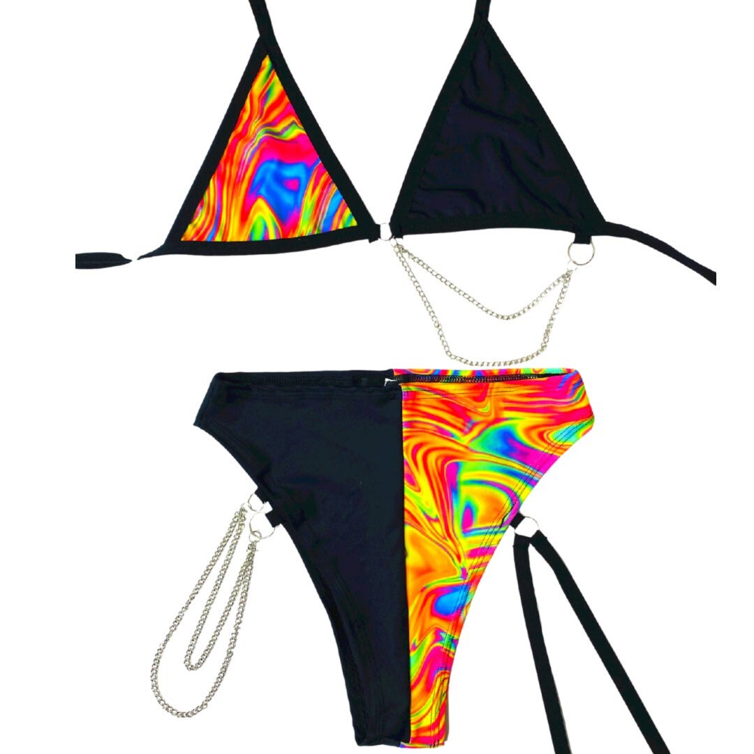 ALL THE GLOW | Mismatch Triangle Chain Top + High Waisted High Cut Chain Bottoms with Leg Wrap, Women's Festival Outfit, Rave Set