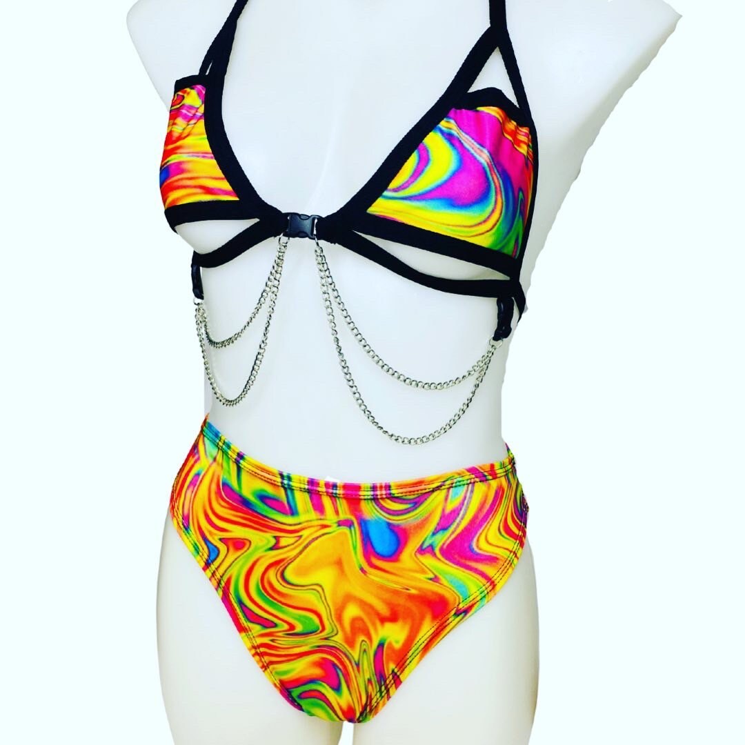 ALL THE GLOW | Chain Cage Top + High Waisted High Cut Bottoms + Gloves, Women's Festival Outfit, Rave Set