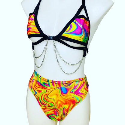ALL THE GLOW | Chain Cage Top + High Waisted High Cut Bottoms + Gloves, Women's Festival Outfit, Rave Set