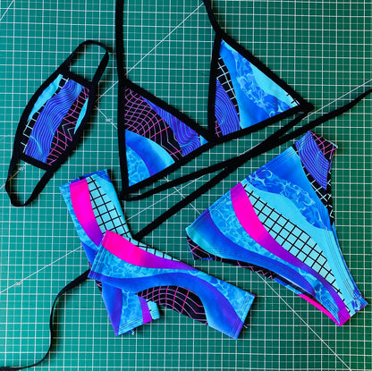Y2K | Triangle Top + High Waisted High Cut Bottoms + Gloves, Women's Festival Outfit, Rave Set