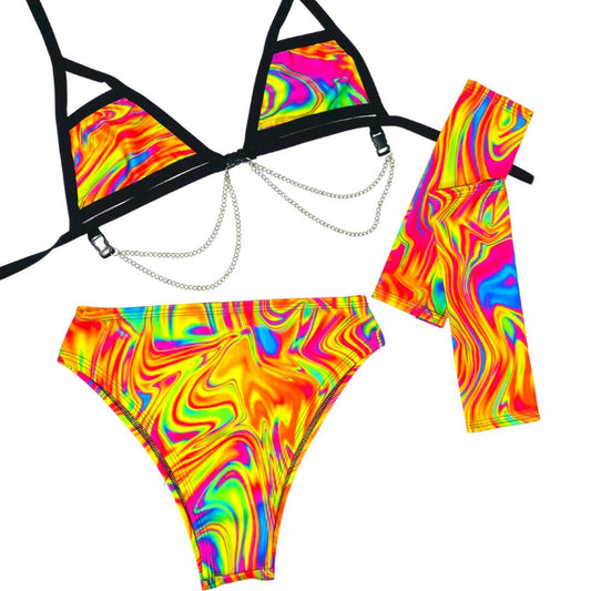 ALL THE GLOW | Chain Cage Top + High Waisted High Cut Bottoms + Gloves, Women's Festival Outfit, Rave Set