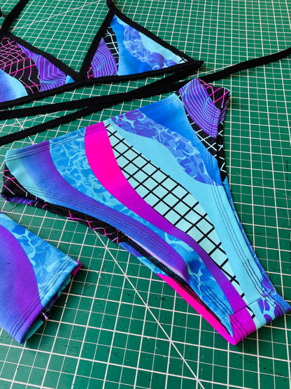 Y2K | Triangle Top + High Waisted High Cut Bottoms + Gloves, Women's Festival Outfit, Rave Set