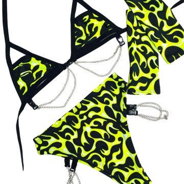 ATOMIC | Chain Cage Top + High Waisted High Cut Chain Bottoms with Leg Wrap + Mask + Gloves, Women's Festival Outfit, Rave Set