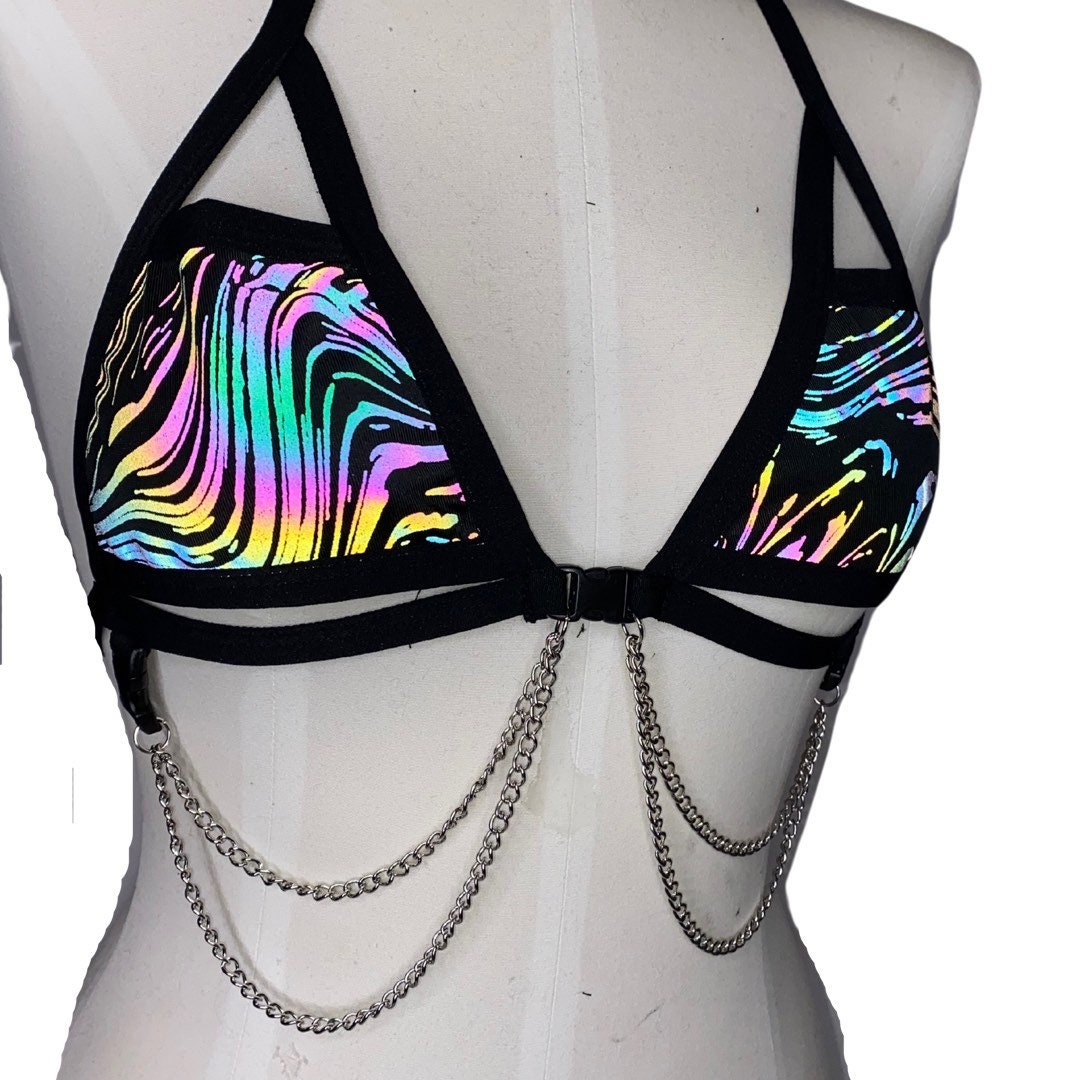 OIL SPILL | REFLECTIVE | Chain Cage Top, Festival Top, Rave Top with Chains