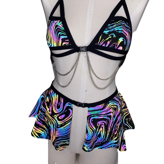 OIL SPILL | REFLECTIVE | Chain Cage Top + Buckle Ultra Mini Skirt, Women's Festival Outfit, Rave Set