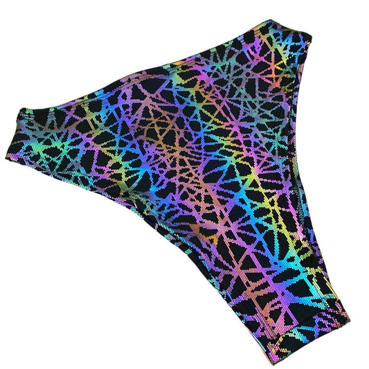 RAINBOW STATIC | REFLECTIVE | High Waisted High Cut Bottoms, Festival Bottoms, Rave Bottoms, Black Rave Outfit