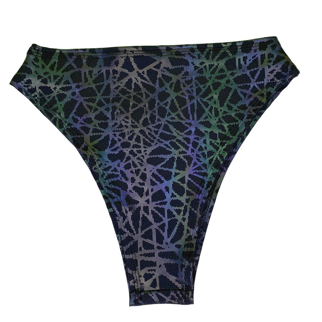 RAINBOW STATIC | REFLECTIVE | High Waisted High Cut Bottoms, Festival Bottoms, Rave Bottoms, Black Rave Outfit