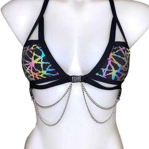 RAINBOW STATIC | REFLECTIVE | Chain Cage Top, Festival Top, Rave Top with Chains