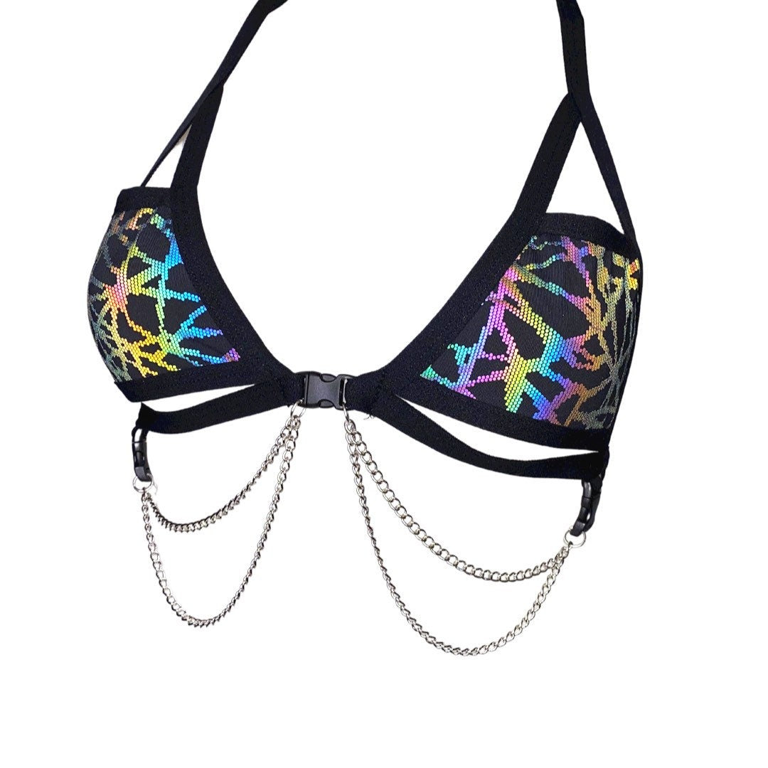 RAINBOW STATIC | REFLECTIVE | Chain Cage Top, Festival Top, Rave Top with Chains