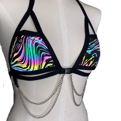 OIL SPILL | REFLECTIVE | Chain Cage Top, Festival Top, Rave Top with Chains