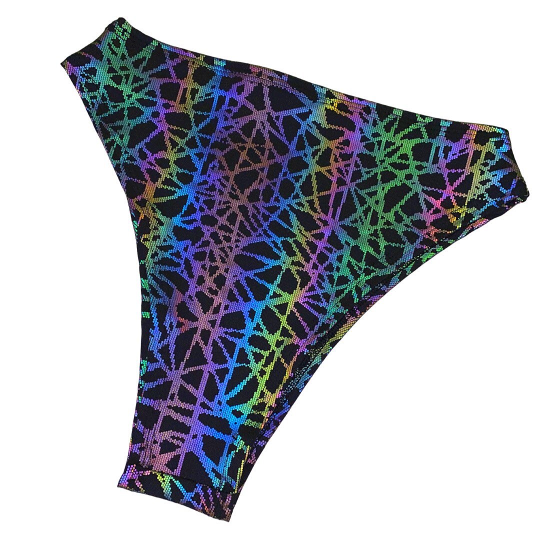 RAINBOW STATIC | REFLECTIVE | High Waisted High Cut Bottoms, Festival Bottoms, Rave Bottoms, Black Rave Outfit