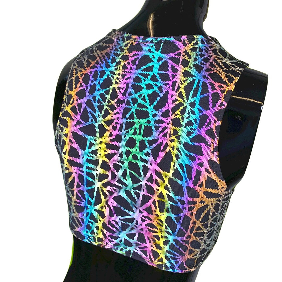 RAINBOW STATIC | REFLECTIVE | Underboob Sporty Crop Top, Women's Festival Top, Rave Top