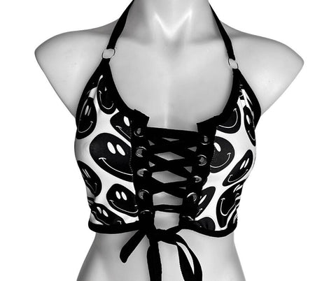BLACK and WHITE | Front Tie Crop Top, Women's Festival Top, Rave Top