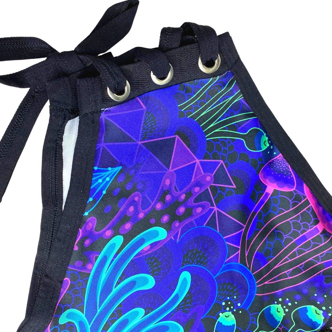 DAZED MUSHROOM | High Waisted High Cut Side Tie Bottoms, Festival Bottoms, Rave Bottoms, Black Rave Outfit