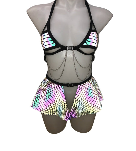 SLITHER | REFLECTIVE | Chain Cage Top + Mini Skirt, Women's Festival Outfit, Rave Set