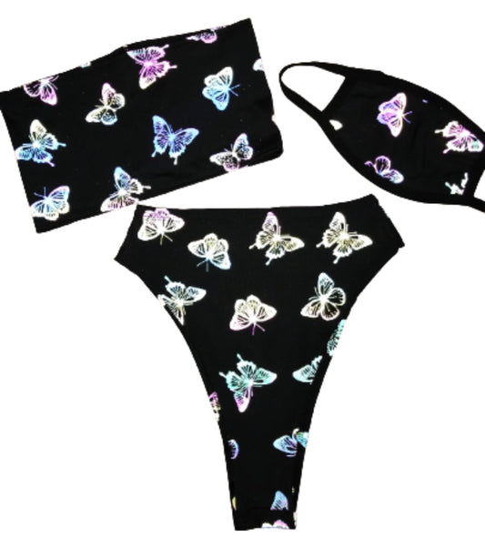 REFLECTIVE BUTTERFLY | Tube Top + High Waisted High Cut Bottoms + Mask, Women's Festival Outfit, Rave Set