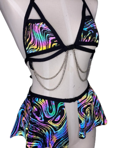 OIL SPILL | REFLECTIVE | Chain Cage Top + Buckle Ultra Mini Skirt, Women's Festival Outfit, Rave Set