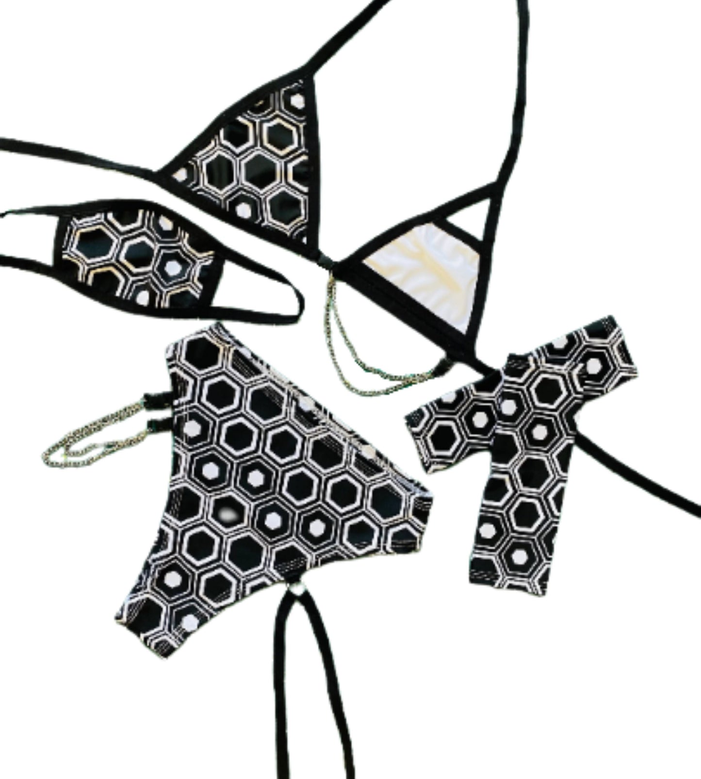 ICOSAHEDRON | REFLECTIVE | Chain Cage Top + High Waisted High Cut Chain Bottoms + Face Mask + Gloves, Women's Festival Outfit, Rave Set