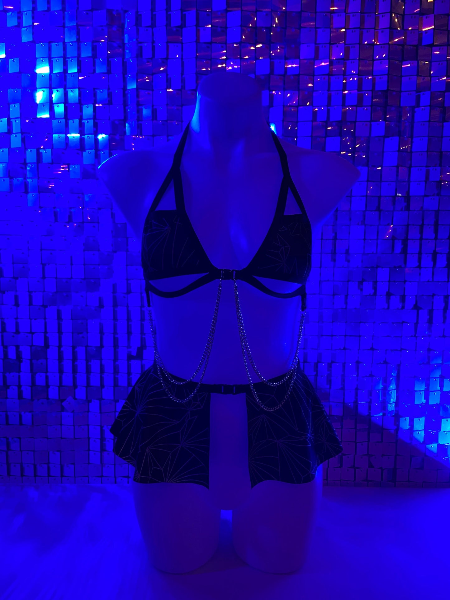 REFRACTION | REFLECTIVE | Chain Cage Top + Ultra Mini Buckle Skirt, Women's Festival Outfit, Rave Set