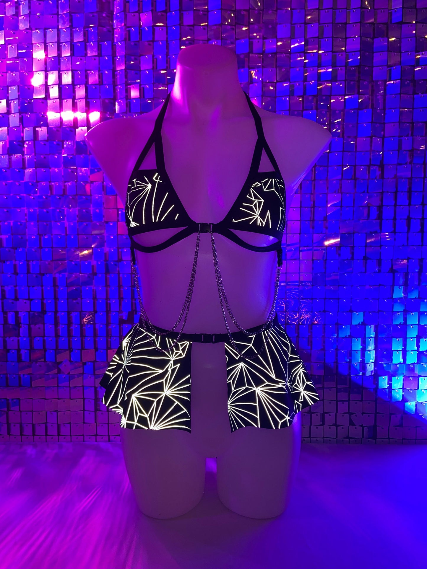 REFRACTION | REFLECTIVE | Chain Cage Top + Ultra Mini Buckle Skirt, Women's Festival Outfit, Rave Set