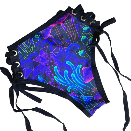 DAZED MUSHROOM | High Waisted High Cut Side Tie Bottoms, Festival Bottoms, Rave Bottoms, Black Rave Outfit
