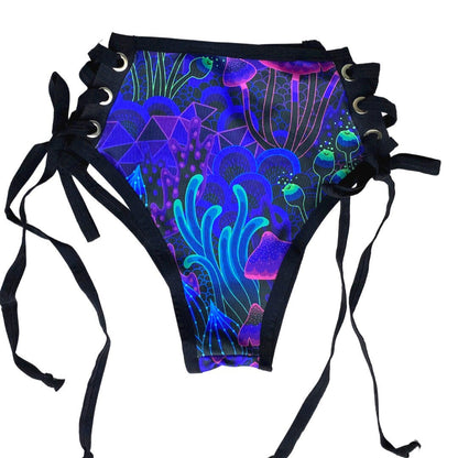 DAZED MUSHROOM | High Waisted High Cut Side Tie Bottoms, Festival Bottoms, Rave Bottoms, Black Rave Outfit