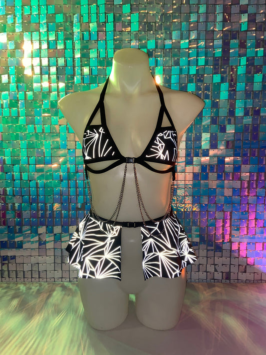 REFRACTION | REFLECTIVE | Chain Cage Top + Ultra Mini Buckle Skirt, Women's Festival Outfit, Rave Set