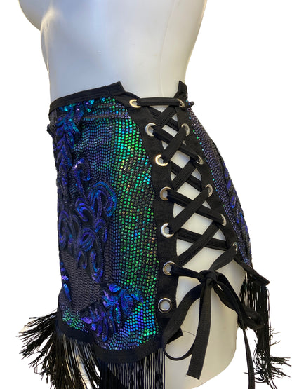Festival Skirt | READY TO SHIP | Size XSmall/Small | Green Iridescent Sequin Lace-Up Mini Skirt