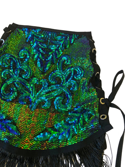 Festival Skirt | READY TO SHIP | Size XSmall/Small | Green Iridescent Sequin Lace-Up Mini Skirt