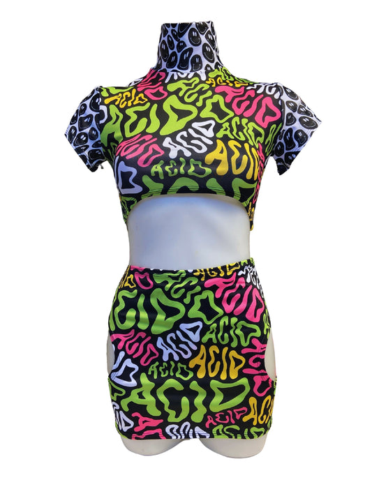 ACID | Crop Turtle Neck I Split Acid and Black Smiley Women's Festival Top, Rave Top