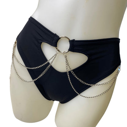 BASIC BLACK | High Waisted High Cut Chain Bottoms wit cut out, Festival Bottoms, Rave Bottoms, Black Rave Outfit