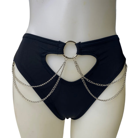 BASIC BLACK | High Waisted High Cut Chain Bottoms wit cut out, Festival Bottoms, Rave Bottoms, Black Rave Outfit