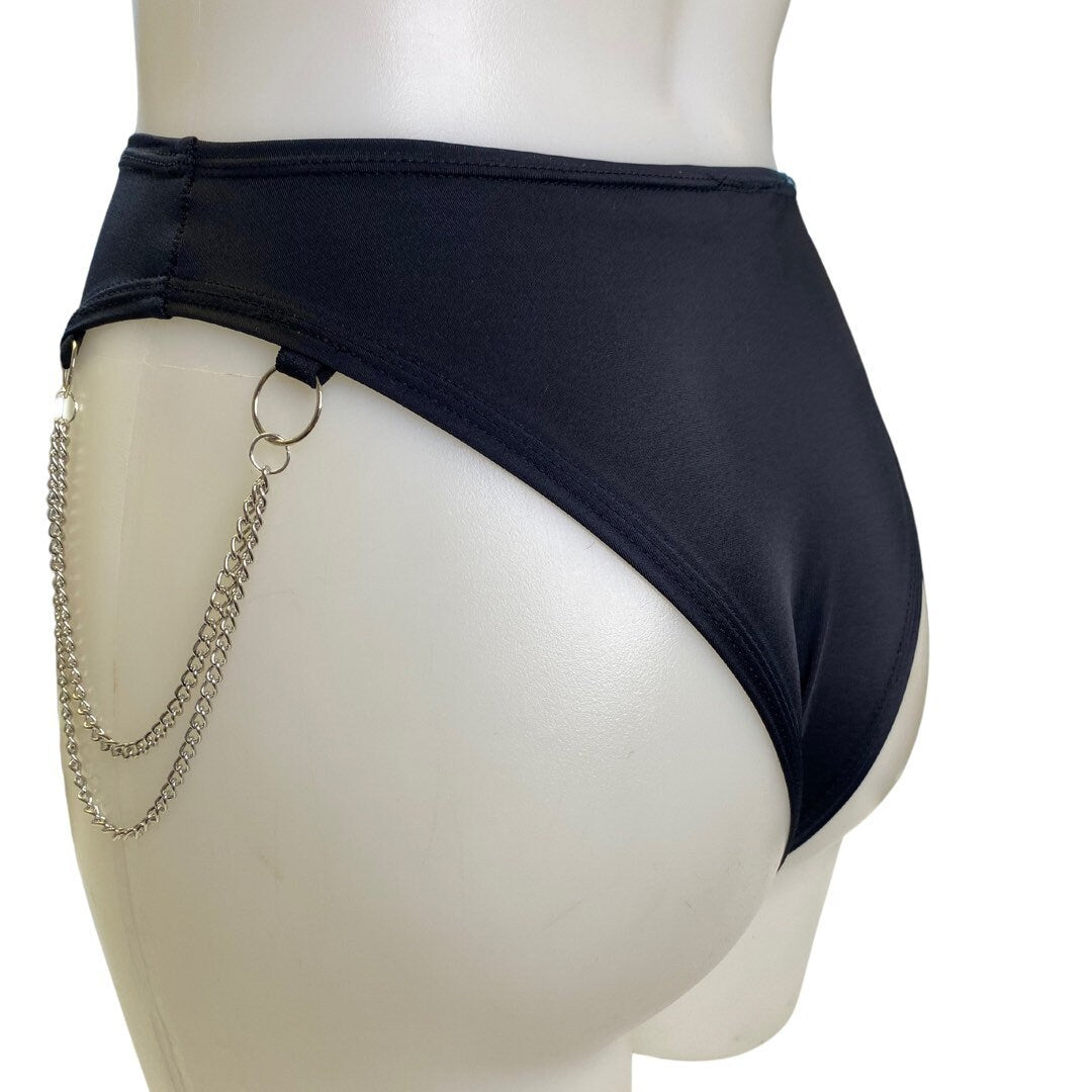 BLACK | High Waisted High Cut Chain Bottoms with Leg Wrap, Festival Bottoms, Rave Bottoms, Black Rave Outfit