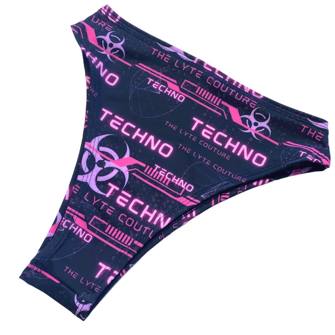 PINK TECHNO | High Waisted High Cut Bottoms, Festival Bottoms, Rave Bottoms, Black Rave Outfit