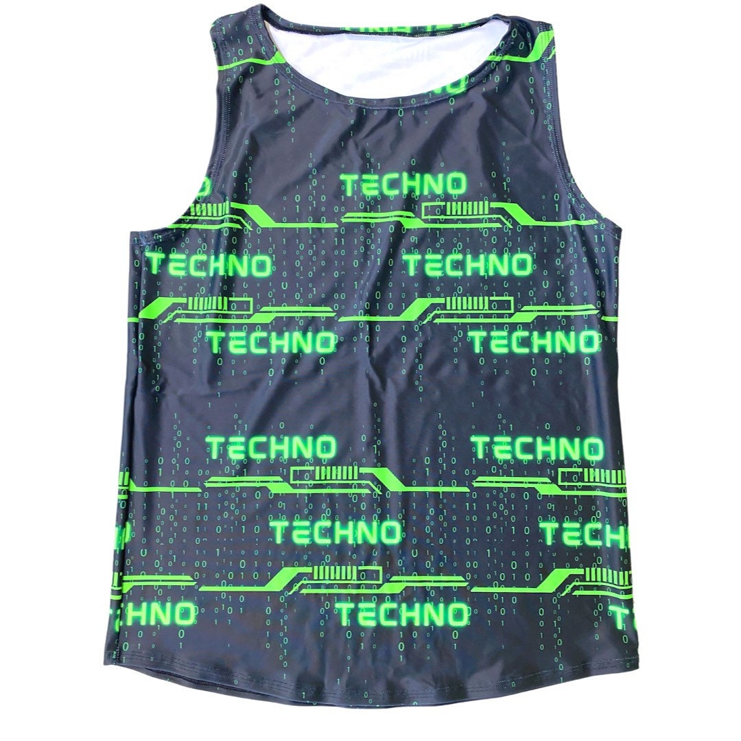GREEN TECHNO | Slim Fit Men's Rave Tank Top, Festival Shirt
