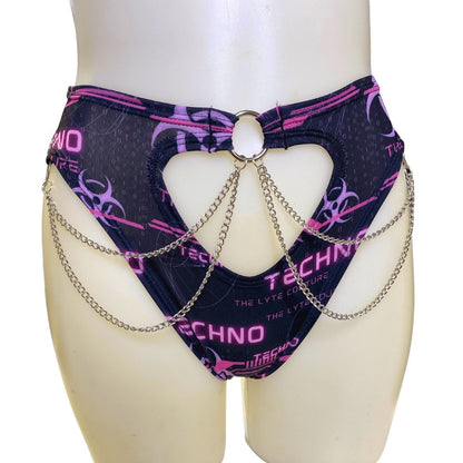 PINK TECHNO | High Waisted High Cut Chain Bottoms wit cut out, Festival Bottoms, Rave Bottoms, Black Rave Outfit
