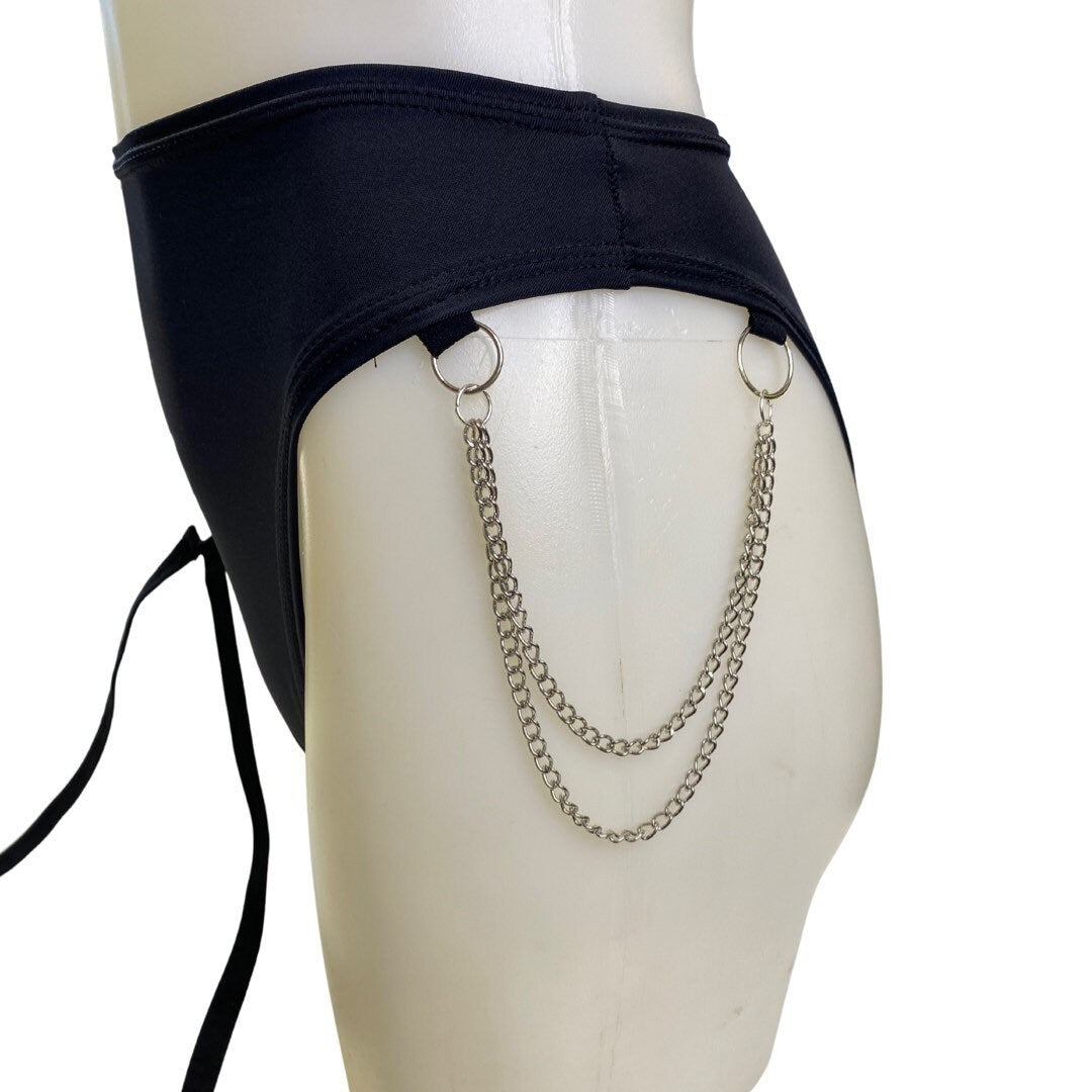 BLACK | High Waisted High Cut Chain Bottoms with Leg Wrap, Festival Bottoms, Rave Bottoms, Black Rave Outfit