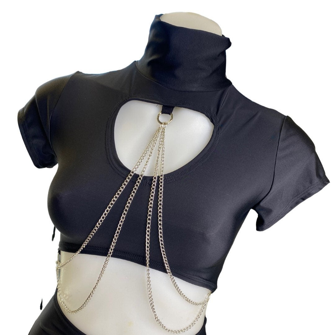 BLACK | Underboob Mock Neck Crop Top With Cut out and Chain, Women's Festival Top, Rave Top