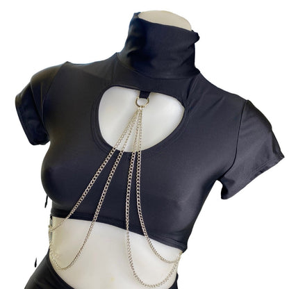 BLACK | Underboob Mock Neck Crop Top With Cut out and Chain, Women's Festival Top, Rave Top