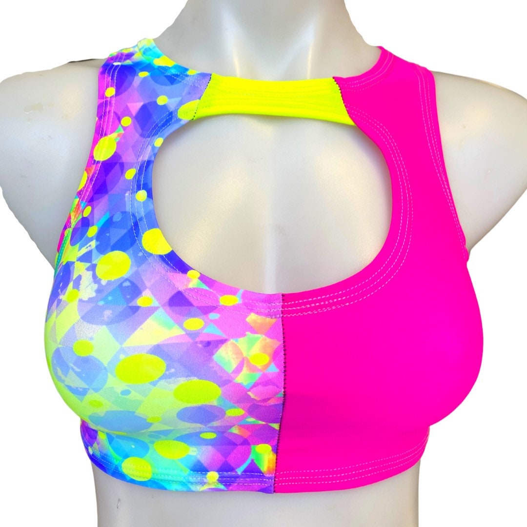 NEON BURST | Tri Color | Sporty Crop Top + High Waisted High Cut Bottoms with Cut Out , Women's Festival Outfit, Rave Set