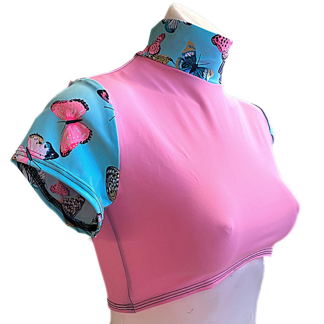 PINK BUTTERFLY | Underboob Mock Neck Crop Top, Women's Festival Top, Rave Top
